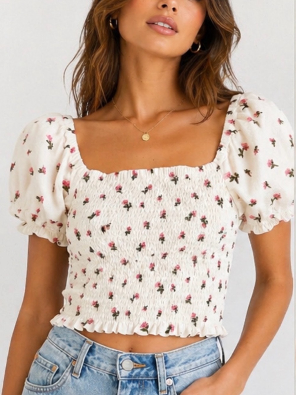 American Eagle Outfitters Cream Crop Top with Flowers and Puff Sleeves, Like New